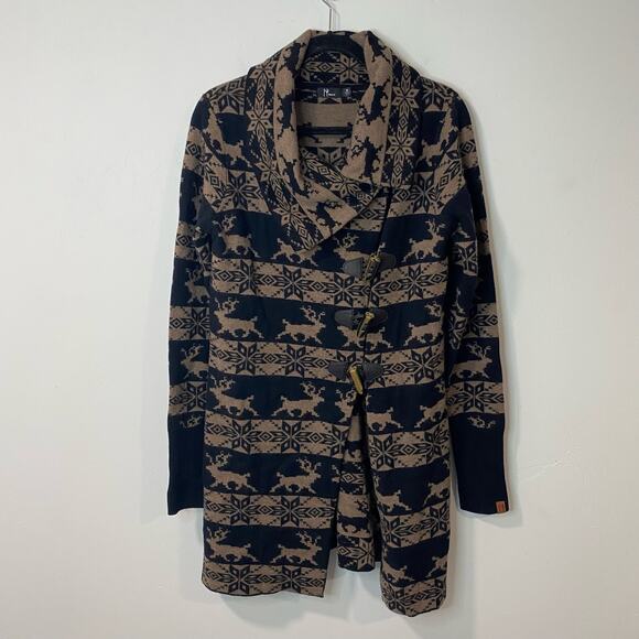 Neve Women's Sweater Coat Brown Black Merino Wool Toggle Buttons Deer Printed M - Picture 1 of 8